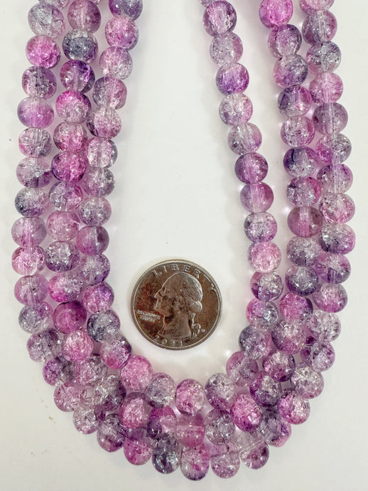 pale dark purple pink clear crackle motif, vintage look glass, 8mm round, 15