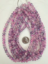 pale dark purple pink clear crackle motif, vintage look glass, 8mm round, 15" strand, sold per strand