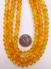 orange yellow clear crackle motif, vintage look glass, 8mm round, 15" strand, sold per strand