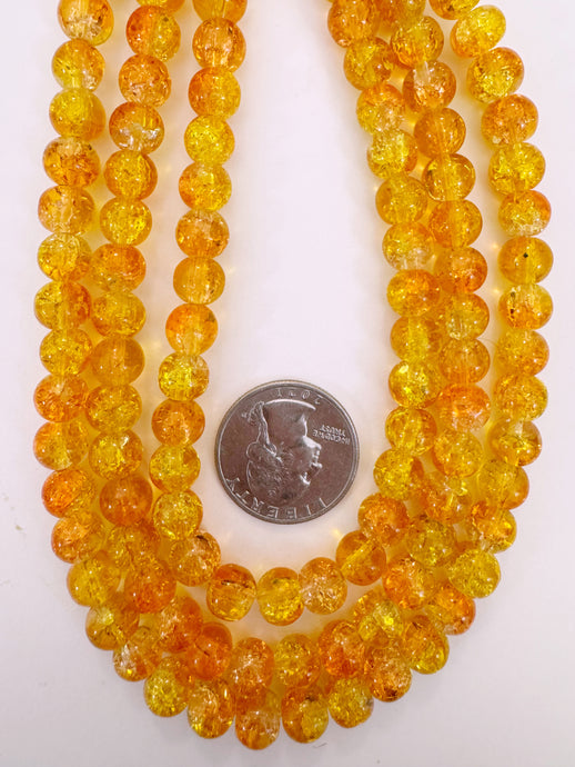 orange yellow clear crackle motif, vintage look glass, 8mm round, 15