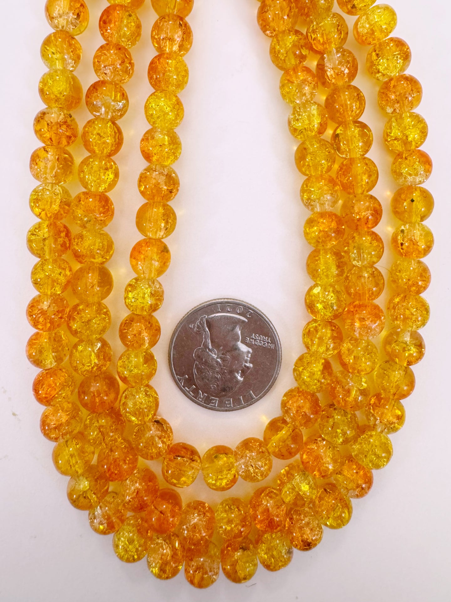 orange yellow clear crackle motif, vintage look glass, 8mm round, 15