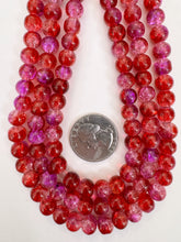 red purple clear crackle motif, vintage look glass, 8mm round, 15" strand, sold per strand