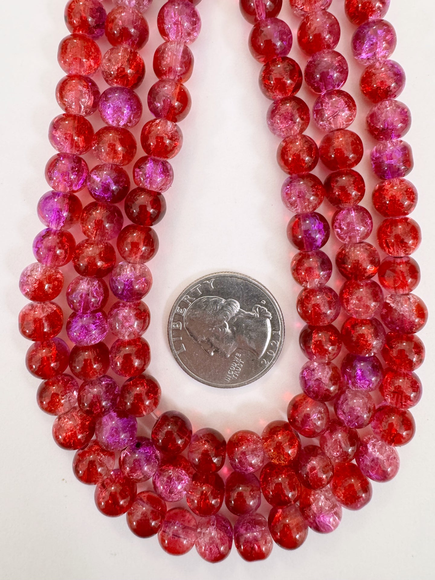 red purple clear crackle motif, vintage look glass, 8mm round, 15