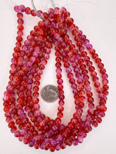 red purple clear crackle motif, vintage look glass, 8mm round, 15" strand, sold per strand