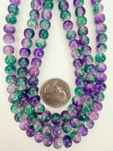green blue purple clear crackle motif, vintage look glass, 8mm round, 15" strand, sold per strand