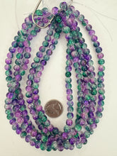 green blue purple clear crackle motif, vintage look glass, 8mm round, 15" strand, sold per strand
