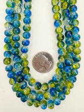 blue yellow clear crackle motif, vintage look glass, 8mm round, 15" strand, sold per strand
