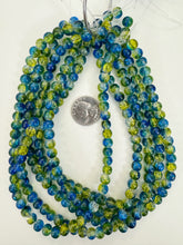 blue yellow clear crackle motif, vintage look glass, 8mm round, 15" strand, sold per strand