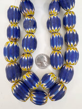yellow blue white black chevron motif, old stock vintage glass, 24-28mm barrel mix, 15" strand, sold per strand