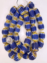 yellow blue white black chevron motif, old stock vintage glass, 24-28mm barrel mix, 15" strand, sold per strand