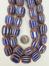 red blue white black chevron motif, old stock vintage glass, 22-26mm barrel mix, 15" strand, sold per strand