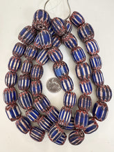 red blue white black chevron motif, old stock vintage glass, 22-26mm barrel mix, 15" strand, sold per strand