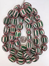 green red white black chevron motif, old stock vintage glass, 18-31mm barrel mix, 15" strand, sold per strand