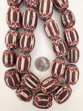 dark red brown red white black chevron motif, old stock vintage glass, 25-31mm barrel mix, 15" strand, sold per strand