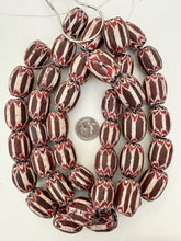 dark red brown red white black chevron motif, old stock vintage glass, 25-31mm barrel mix, 15" strand, sold per strand