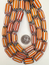 orange red white black chevron motif, old stock vintage glass, 26x13mm tube mix, 15" strand, sold per strand