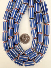 pale blue red white black chevron motif, old stock vintage glass, 22x12mm tube mix, 15" strand, sold per strand