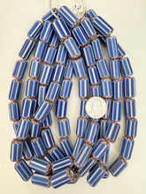 pale blue red white black chevron motif, old stock vintage glass, 22x12mm tube mix, 15" strand, sold per strand