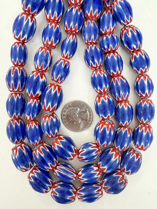 red white blue black chevron motif, vintage look glass, 18x14mm barrel mix, 15