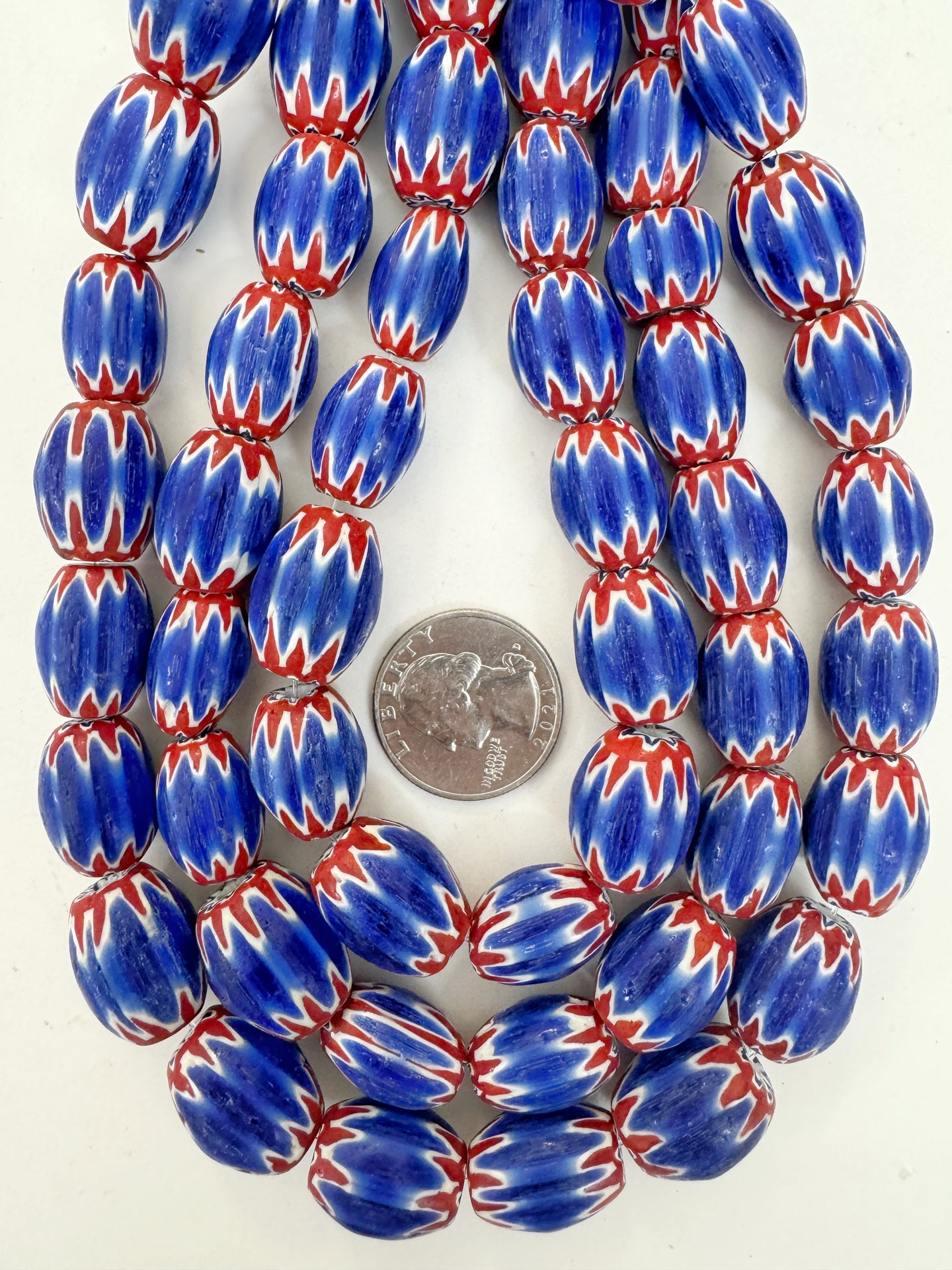 red white blue black chevron motif, vintage look glass, 18x14mm barrel mix, 15