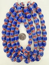 red white blue black chevron motif, vintage look glass, 18x14mm barrel mix, 15" strand, sold per strand