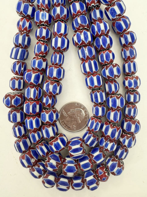 red white blue black chevron motif, vintage look glass, 10-15mm rondelle mix, 15
