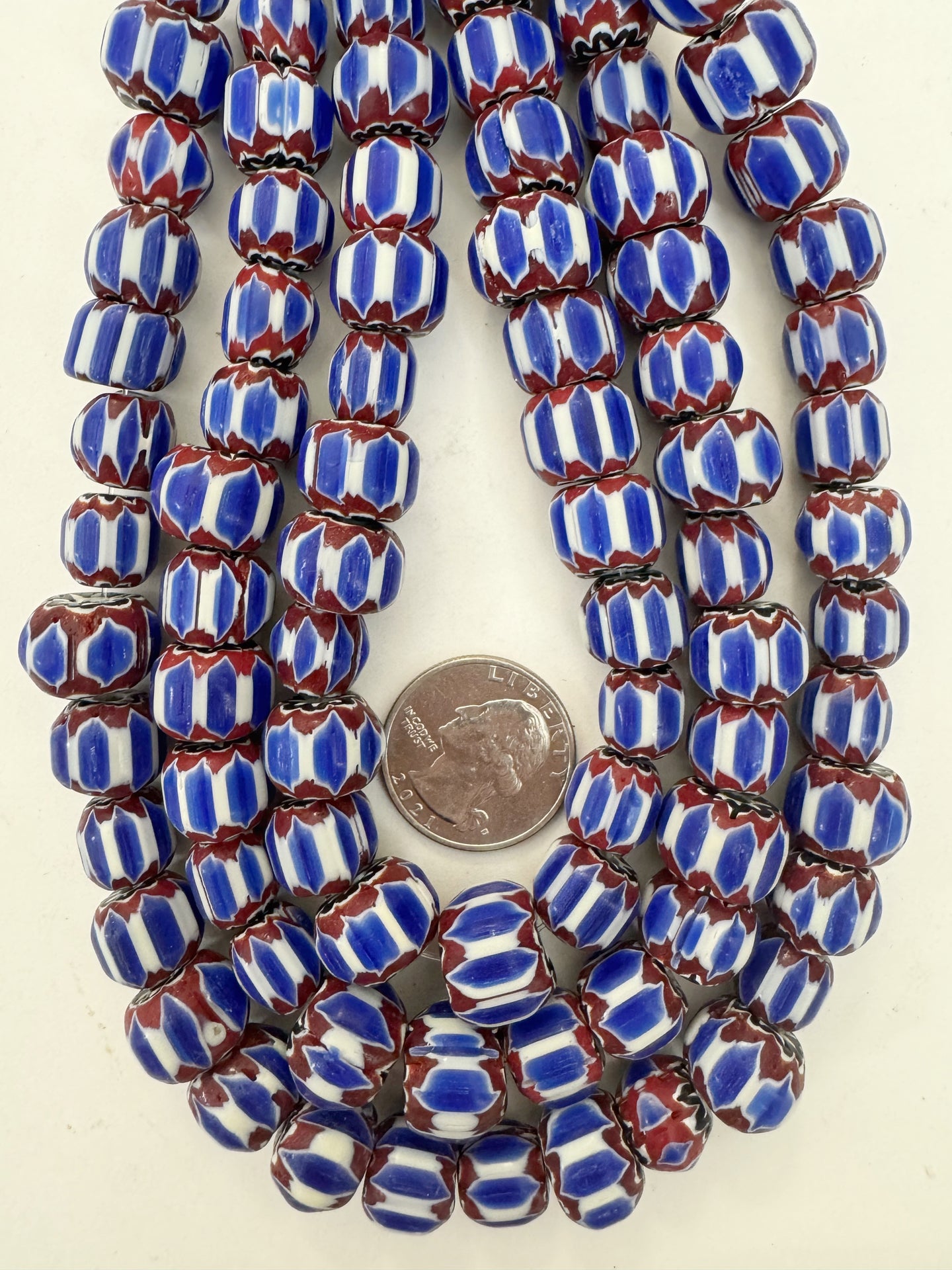 red white blue black chevron motif, vintage look glass, 10-15mm rondelle mix, 15