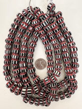 red white black chevron motif, vintage look glass, 10-15mm rondelle mix, 15" strand, sold per strand