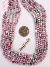 6 strands, 15" strand, 4mm faceted round, color enhanced quartz green pink, stamped 925 sterling silver 6 strand slide bar clasp, DISCOUNT LOT