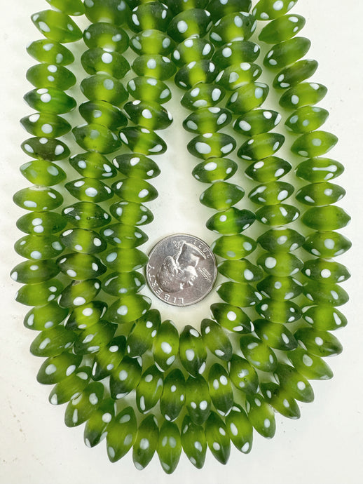 matte pale dark green white polka dot motif, vintage look glass, 15x6mm rondelle, 15