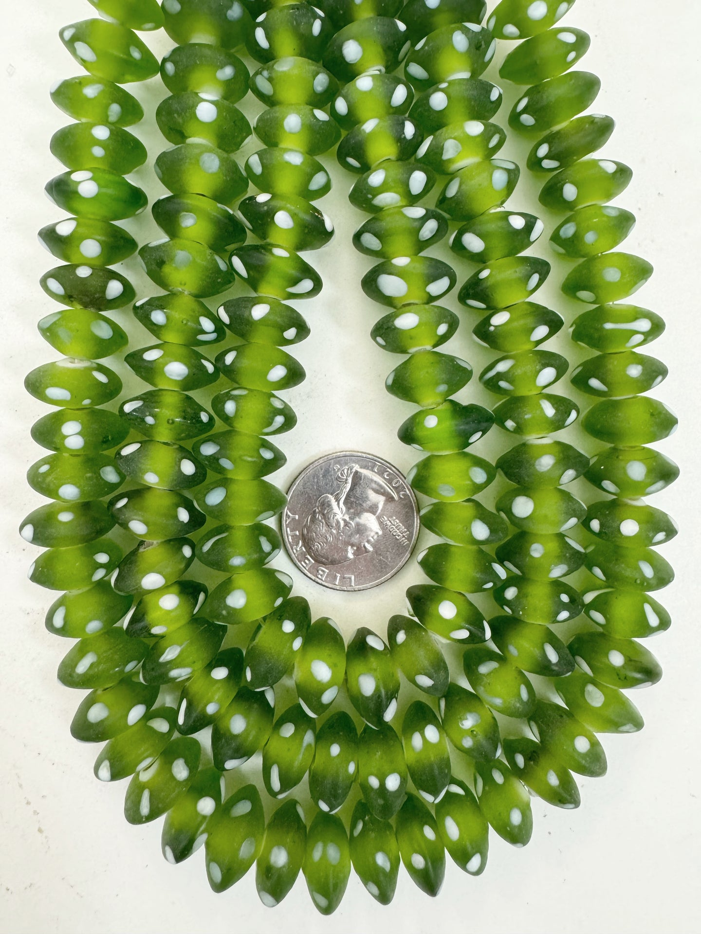 matte pale dark green white polka dot motif, vintage look glass, 15x6mm rondelle, 15