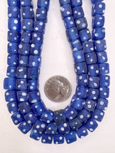 matte blue white polka dot motif, vintage look glass, 8mm cube, 15" strand, sold per strand