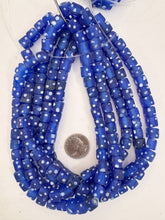matte blue white polka dot motif, vintage look glass, 8mm cube, 15" strand, sold per strand