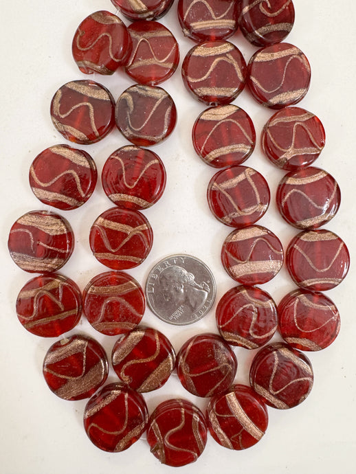 red metallic copper swirl motif, vintage look glass, 20x20x7mm coin, 15