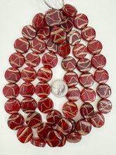 red metallic copper swirl motif, vintage look glass, 20x20x7mm coin, 15" strand, sold per strand