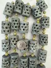 soapstone, 39x24mm hand carved open design size mix tube, 5 piece strand,  SOLD PER STRAND