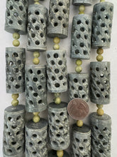 soapstone, 52x24mm hand carved open design size mix tube, 5 piece strand,  SOLD PER STRAND