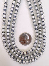 clear pale purple metallic silver stripe inside lined motif, vintage look glass, 7mm round, 15" strand, sold per strand