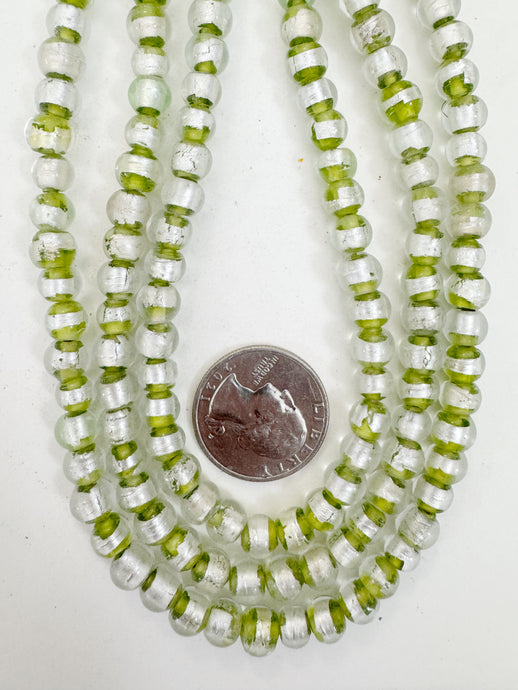 clear lime green metallic silver stripe inside lined motif, vintage look glass, 7mm round, 15