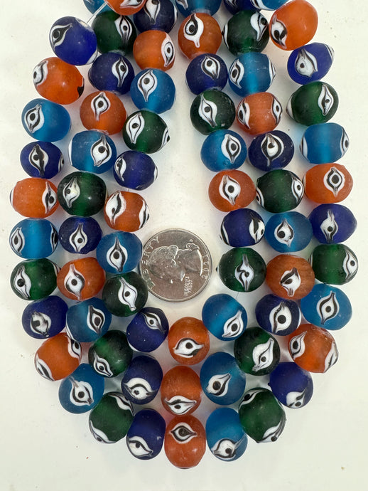 mixed color matte evil eye motif, vintage look glass, 15x13mm rondelle mix, 15