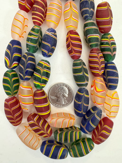 mixed color matte feathered swirl motif, vintage look glass, 26x14mm bowed tube mix, 15