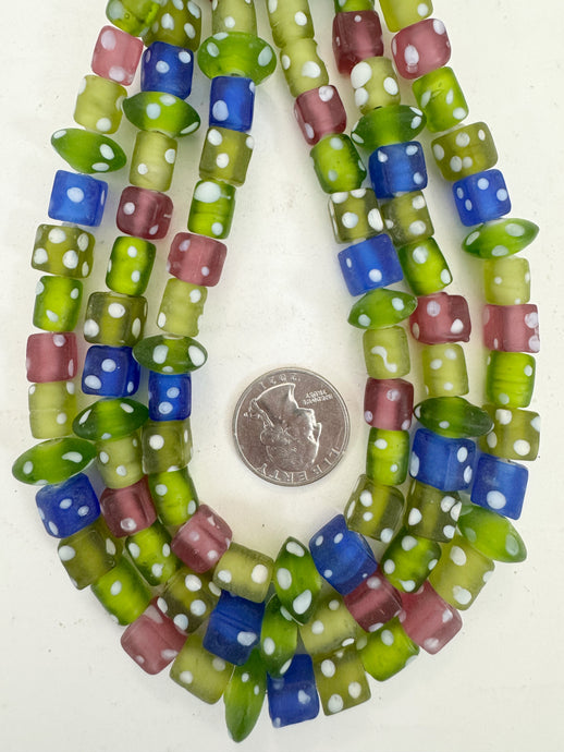 mixed color matte polka dot motif, vintage look glass, 8-13mm shape mix, 15