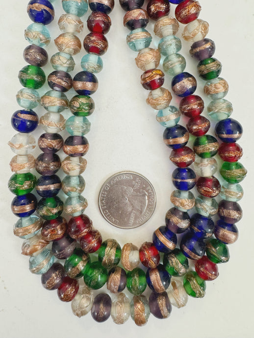 mixed color metallic copper center stripe motif, vintage look glass, 10mm round mix, 15