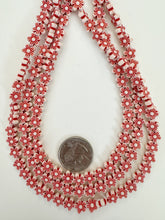 matte red white, flower motif,  carved design, vintage look acrylic, 8x8x3mm carved flower, 15" strand, sold per strand
