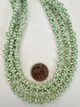 matte pale celery green white, flower motif,  carved design, vintage look acrylic, 8x8x3mm carved flower, 15" strand, sold per strand