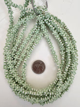 matte pale celery green white, flower motif,  carved design, vintage look acrylic, 8x8x3mm carved flower, 15" strand, sold per strand