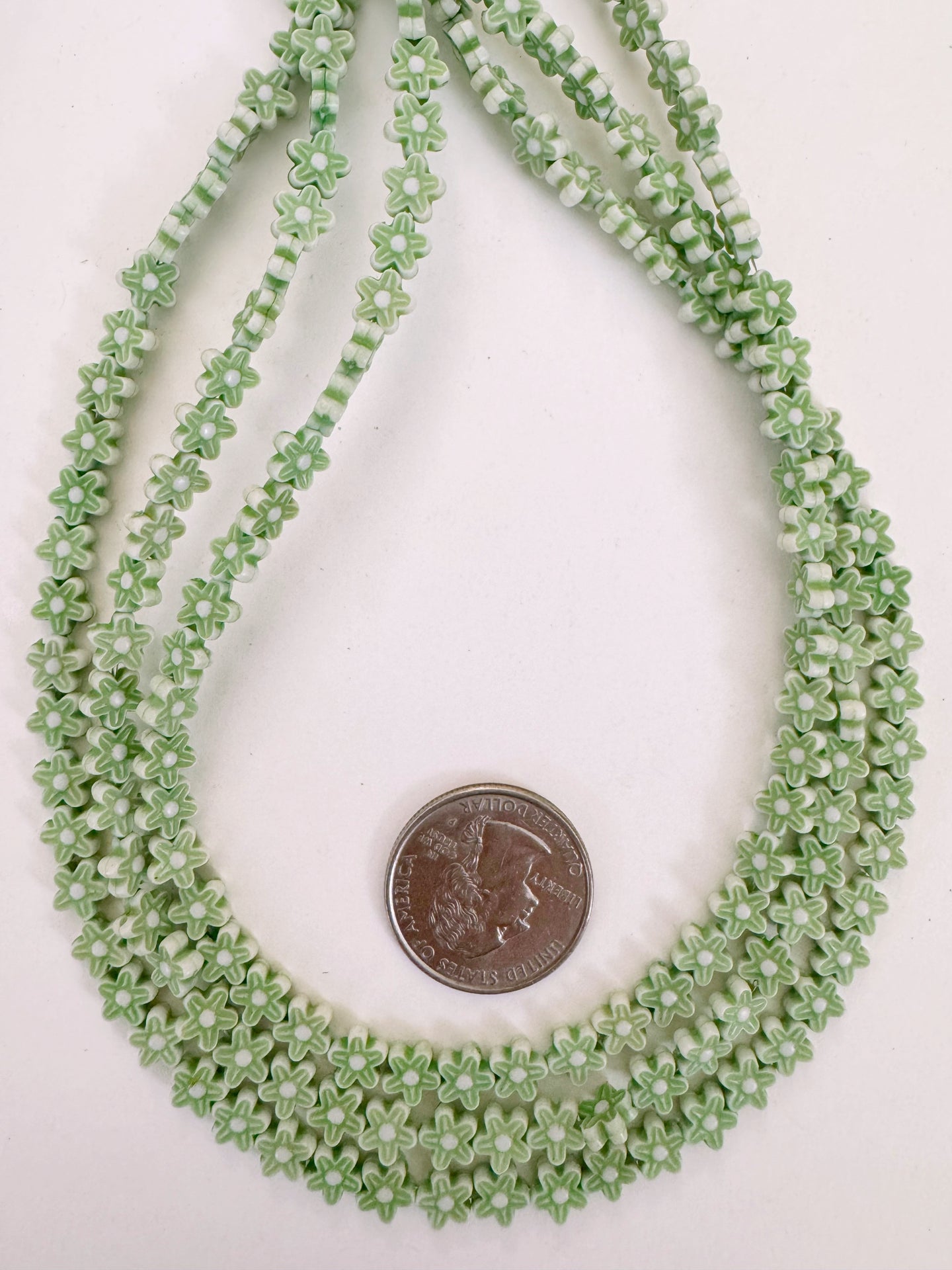 matte pale celery green white, flower motif,  carved design, vintage look acrylic, 6x6x2mm carved flower, 15