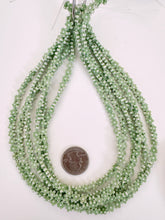 matte pale celery green white, flower motif,  carved design, vintage look acrylic, 6x6x2mm carved flower, 15" strand, sold per strand