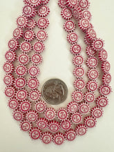 matte dark pale magenta pink white, sun face motif,  carved design, vintage look acrylic, 12x12x3mm carved sun face, 15" strand, sold per strand