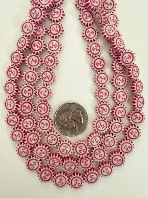 matte dark pale magenta pink white, sun face motif,  carved design, vintage look acrylic, 12x12x3mm carved sun face, 15
